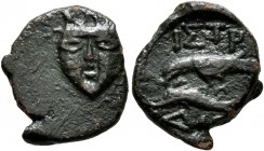 MOESIA. Istros. AE (Bronze, 13 mm, 1.20 g, 11 h), circa 110-75/50. Radiate facing head of Helios. Rev. ΙΣΤΡ - ΔΙ[Ο] Sea eagle standing left on dolphin...