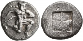 ISLANDS OFF THRACE, Thasos. Circa 500-480 BC. Diobol (Silver, 10 mm, 1.15 g). Satyr running right in kneeling stance. Rev. Quadripartite incuse square...