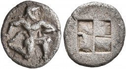 ISLANDS OFF THRACE, Thasos. Circa 500-480 BC. Diobol (Silver, 12 mm, 1.00 g). Satyr running right in kneeling stance. Rev. Quadripartite incuse square...
