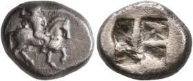 THRACO-MACEDONIAN TRIBES, Uncertain. Late 6th-early 5th centuries. Tetrobol (Silver, 13 mm, 3.00 g). Horseman riding to right, brandishing spear. Rev....