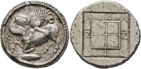 MACEDON. Akanthos. Circa 470-430 BC. Tetradrachm (Silver, 27 mm, 17.33 g, 4 h). Lion right, attacking a bull kneeling left, head upraised; in exergue,...
