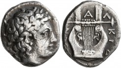 MACEDON, Chalkidian League. Circa 432-348 BC. Tetrobol (Silver, 14 mm, 2.15 g, 12 h). Laureate head of Apollo to right. Rev. [Χ]ΑΛΚΙΔ[EΩ]N Kithara. Ro...