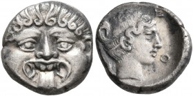 MACEDON. Neapolis. Circa 424-350 BC. Hemidrachm (Silver, 12 mm, 1.87 g, 1 h). Facing gorgoneion with protruding tongue. Rev. [N]EO[Π] Head of the nymp...
