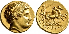 KINGS OF MACEDON. Philip II, 359-336 BC. Stater (Gold, 19 mm, 8.60 g, 10 h), Pella. Struck under Philip II or Alexander III, circa 340-328. Laureate h...