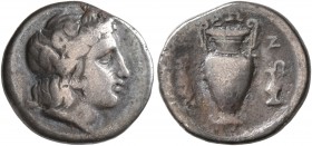 THESSALY. Lamia. Circa 400-344 BC. Hemidrachm (Silver, 15 mm, 2.67 g, 12 h). Head of Dionysos to right, wearing wreath of ivy and fruit. Rev. [ΛA]MIEΩ...