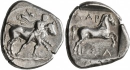 THESSALY. Larissa. Circa 440-400 BC. Drachm (Silver, 20 mm, 6.07 g, 6 h). Thessalos, with petasos and cloak over his shoulders, striding right, holdin...