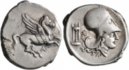 AKARNANIA. Anaktorion. Circa 350-300 BC. Stater (Silver, 23 mm, 8.45 g, 3 h). Α Pegasus flying right. Rev. Head of Athena to right, wearing Corinthian...