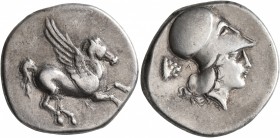 AKARNANIA. Leukas. Circa 350-320 BC. Stater (Silver, 23 mm, 8.48 g, 9 h). Λ Pegasus flying right. Rev. Head of Athena to right, wearing Corinthian hel...
