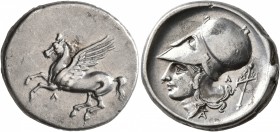 AKARNANIA. Leukas. Circa 320-280 BC. Stater (Silver, 23 mm, 8.41 g, 11 h). Λ Pegasus flying left. Rev. Head of Athena to left, wearing Corinthian helm...