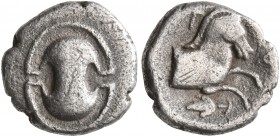 BOEOTIA. Tanagra. Early-mid 4th century BC. Obol (Silver, 10 mm, 0.71 g). Boeotian shield. Rev. Τ-Α Forepart of a horse to right; below, grape bunch. ...