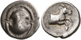 BOEOTIA. Tanagra. Early-mid 4th century BC. Obol (Silver, 10 mm, 0.82 g). Boeotian shield. Rev. Forepart of a horse to right. BCD Boeotia 266. SNG Cop...