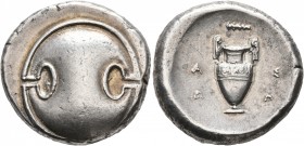 BOEOTIA. Thebes. Circa 395-338 BC. Stater (Silver, 22 mm, 12.27 g, 12 h), Asop-, magistrate. Boeotian shield. Rev. A-Σ/Ω-Π Amphora; above, club; all w...