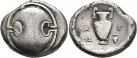 BOEOTIA. Thebes. Circa 395-338 BC. Stater (Silver, 23 mm, 11.76 g), Aso(p)..., magistrate. Boeotian shield. Rev. A-Σ/Ω Amphora; to lower right, grape ...