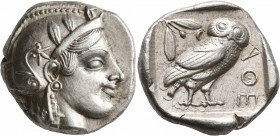ATTICA. Athens. Circa 455-449 BC. Tetradrachm (Silver, 24 mm, 17.24 g, 10 h). Head of Athena to right, wearing crested Attic helmet decorated with thr...