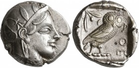 ATTICA. Athens. Circa 440s BC. Tetradrachm (Silver, 25 mm, 17.22 g, 5 h). Head of Athena to right, wearing crested Attic helmet decorated with three o...