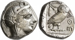 ATTICA. Athens. Circa 440s BC. Tetradrachm (Silver, 25 mm, 17.31 g, 1 h). Head of Athena to right, wearing crested Attic helmet decorated with three o...