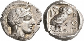 ATTICA. Athens. Circa 440s-430s BC. Tetradrachm (Silver, 25 mm, 17.22 g, 7 h). Head of Athena to right, wrearing crested Attic helmet decorated with t...