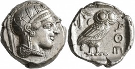 ATTICA. Athens. Circa 430s BC. Tetradrachm (Silver, 25 mm, 17.25 g, 4 h). Head of Athena to right, wearing crested Attic helmet decorated with three o...