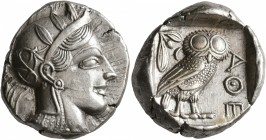 ATTICA. Athens. Circa 430s BC. Tetradrachm (Silver, 25 mm, 17.24 g, 3 h). Head of Athena to right, wearing crested Attic helmet decorated with three o...