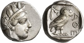 ATTICA. Athens. Circa 430s BC. Tetradrachm (Silver, 24 mm, 17.17 g, 2 h). Head of Athena to right, wearing crested Attic helmet decorated with three o...
