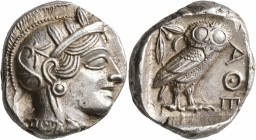 ATTICA. Athens. Circa 430s-420s BC. Tetradrachm (Silver, 25 mm, 17.24 g, 4 h). Head of Athena to right, wearing crested Attic helmet decorated with th...