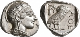 ATTICA. Athens. Circa 430s-420s BC. Tetradrachm (Silver, 26 mm, 17.24 g, 10 h). Head of Athena to right, wearing crested Attic helmet decorated with t...