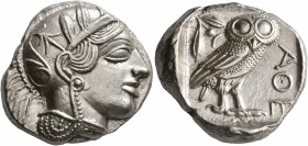 ATTICA. Athens. Circa 430s-420s BC. Tetradrachm (Silver, 24 mm, 17.24 g, 7 h). Head of Athena to right, wearing crested Attic helmet decorated with th...