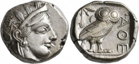 ATTICA. Athens. Circa 430s-420s BC. Tetradrachm (Silver, 24 mm, 17.24 g, 1 h). Head of Athena to right, wearing crested Attic helmet decorated with th...