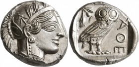 ATTICA. Athens. Circa 430s-420s BC. Tetradrachm (Silver, 25 mm, 17.25 g, 4 h). Head of Athena to right, wearing crested Attic helmet decorated with th...