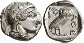 ATTICA. Athens. Circa 430s-420s BC. Tetradrachm (Silver, 25 mm, 17.22 g, 4 h). Head of Athena to right, wearing crested Attic helmet decorated with th...