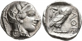 ATTICA. Athens. Circa 430s-420s BC. Tetradrachm (Silver, 24 mm, 17.44 g, 4 h). Head of Athena to right, wearing crested Attic helmet decorated with th...