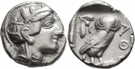 ATTICA. Athens. Circa 420s-404 BC. Tetradrachm (Silver, 25 mm, 17.20 g, 9 h). Head of Athena to right, wearing crested Attic helmet decorated with thr...
