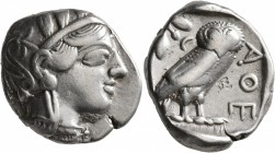 ATTICA. Athens. Circa 420s-404 BC. Tetradrachm (Silver, 26 mm, 17.00 g, 2 h). Head of Athena to right, wearing crested Attic helmet decorated with thr...