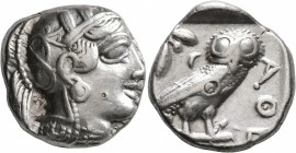 ATTICA. Athens. Circa 420s-404 BC. Tetradrachm (Silver, 24 mm, 17.09 g, 3 h). Head of Athena to right, wearing crested Attic helmet decorated with thr...