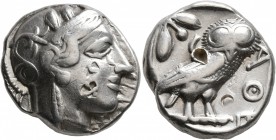 ATTICA. Athens. Circa 420s-404 BC. Tetradrachm (Silver, 24 mm, 17.07 g, 9 h). Head of Athena to right, wearing crested Attic helmet decorated with thr...