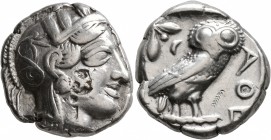 ATTICA. Athens. Circa 420s-404 BC. Tetradrachm (Silver, 24 mm, 17.14 g, 8 h). Head of Athena to right, wearing crested Attic helmet decorated with thr...
