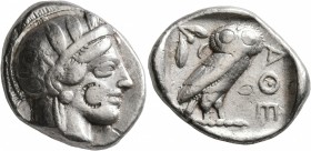 ATTICA. Athens. Circa 420s-404 BC. Tetradrachm (Silver, 27 mm, 17.10 g, 4 h). Head of Athena to right, wearing crested Attic helmet decorated with thr...