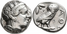 ATTICA. Athens. Circa 420s-404 BC. Tetradrachm (Silver, 23 mm, 17.12 g, 7 h). Head of Athena to right, wearing crested Attic helmet decorated with thr...