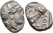 ATTICA. Athens. Circa 393-355 BC. Tetradrachm (Silver, 25 mm, 17.21 g, 8 h). Head of Athena to right, wrearing crested Attic helmet decorated with thr...
