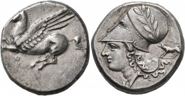 CORINTHIA. Corinth. Circa 375-300 BC. Stater (Silver, 20 mm, 8.53 g, 4 h). Ϙ Pegasus flying left. Rev. Head of Athena to left, wearing laureate Corint...