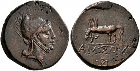 PONTOS. Amisos. Time of Mithradates VI Eupator, circa 85-65 BC. AE (Bronze, 24 mm, 11.47 g, 1 h). Head of Perseus to right, wearing Phrygian helmet. R...