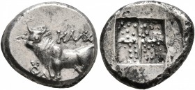 BITHYNIA. Kalchedon. Circa 367/6-340 BC. Drachm (Silver, 16 mm, 3.79 g), Rhodian standard. ΚΑΛΧ Bull standing left on grain ear; before to left, keryk...