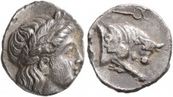 MYSIA. Gambrion. Gorgion, circa 400 BC. Diobol (Silver, 12 mm, 1.56 g, 6 h). Laureate head of Apollo to right. Rev. Forepart of bull to right with rig...