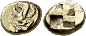 MYSIA. Kyzikos. Circa 550-450 BC. Hekte (Electrum, 11 mm, 2.67 g). Half-length figure of harpy to left, with curved wings, holding tunny fish by the t...