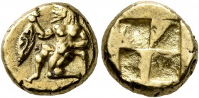 MYSIA. Kyzikos. Circa 550-450 BC. Hekte (Electrum, 11 mm, 2.67 g). Satyr kneeling left, holding a tunny fish by the tail in his extended right hand. R...