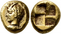 MYSIA. Kyzikos. Circa 450-330 BC. Hekte (Electrum, 11 mm, 2.66 g). Head of the hunter Aktaion to left, with stag’s horn above forehead; below, tunny l...