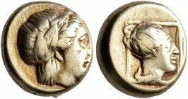 LESBOS. Mytilene. Circa 377-326 BC. Hekte (Electrum, 10 mm, 2.49 g, 12 h). Laureate head of Apollo to right. Rev. Head of a female to right within lin...