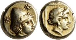 LESBOS. Mytilene. Circa 377-326 BC. Hekte (Electrum, 10 mm, 2.54 g, 12 h). Head of Kabeiros to right, wearing wreathed cap; two stars flanking. Rev. H...