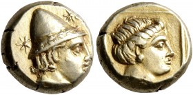 LESBOS. Mytilene. Circa 377-326 BC. Hekte (Electrum, 10 mm, 2.57 g, 6 h). Head of Kabeiros to right, wearing wreathed cap; two stars flanking. Rev. He...