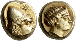 LESBOS. Mytilene. Circa 377-326 BC. Hekte (Electrum, 10 mm, 2.57 g, 12 h). Head of Kabeiros to right, wearing wreathed cap; two stars flanking. Rev. H...